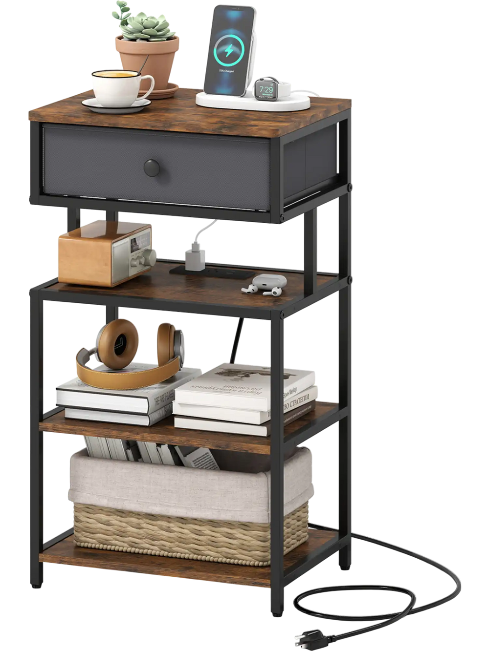 Nightstand with charging station, 28-inch tall, rustic brown finish, featuring a fabric drawer and open shelves for.