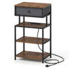 Rustic brown nightstand with charging station, 28 inches tall, featuring a fabric drawer and open shelves.
