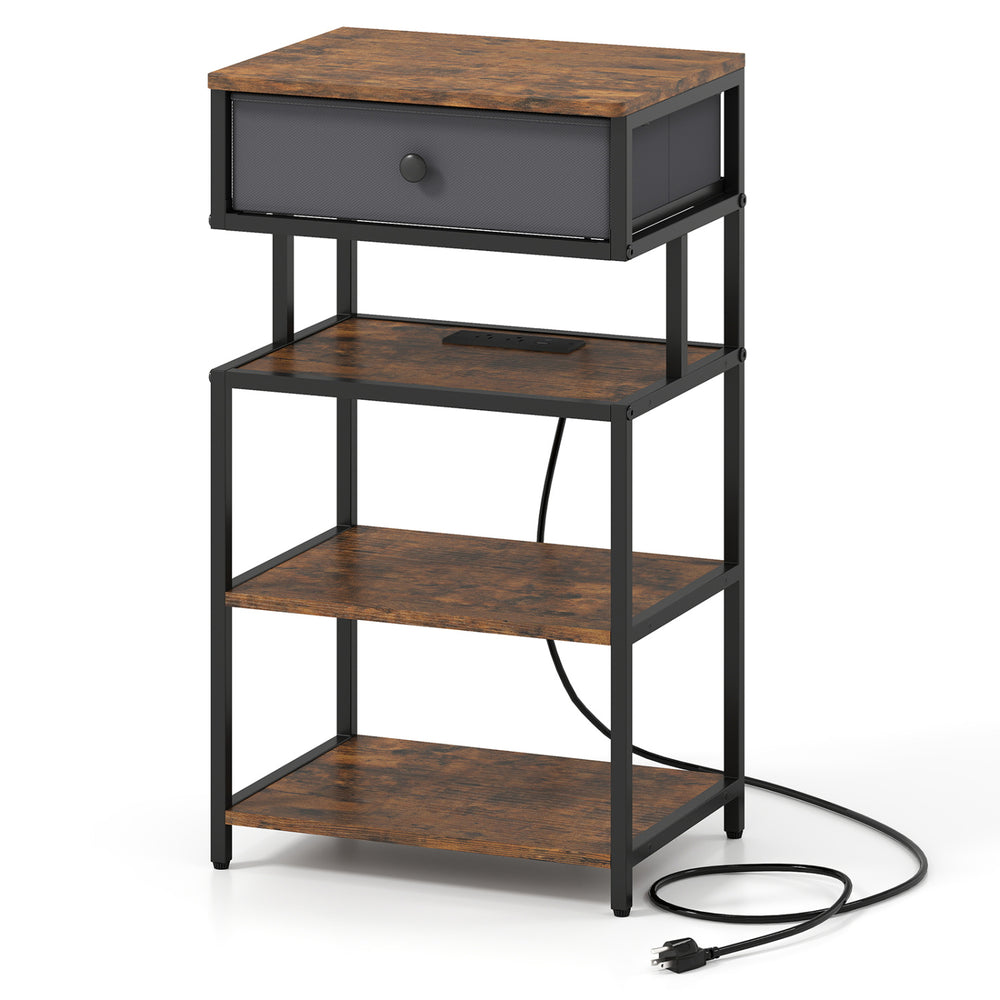Rustic brown nightstand with charging station, 28 inches tall, featuring a fabric drawer and open shelves.