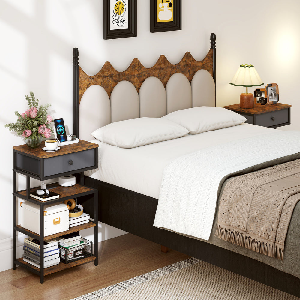 Nightstand with charging station featuring a rustic brown finish and fabric drawer, ideal for bedside storage.