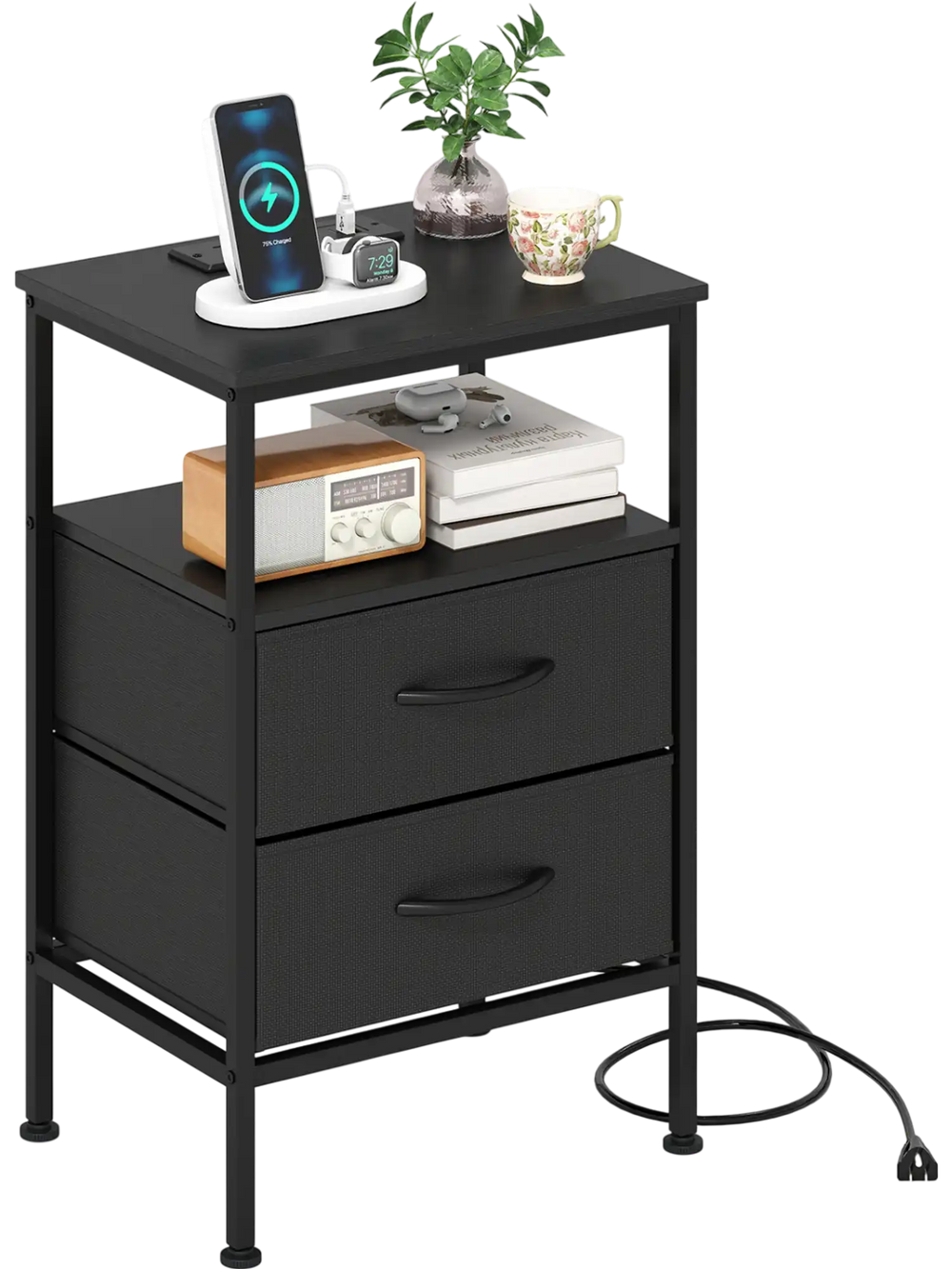 Close-up view of the nightstand's fabric drawers and elegant wood-like surface, perfect for stylish bedside storage.