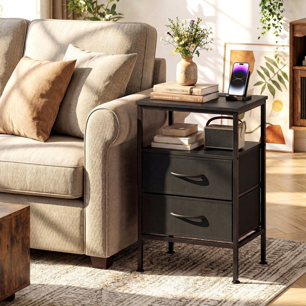 Nightstand with Charging Station 24.5 inch Modern Bedside Table with 2 Fabric Drawers-Black - Gallery View 1 of 11