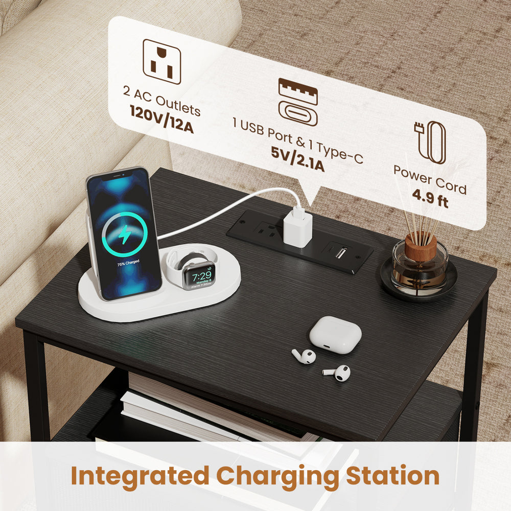 Nightstand with integrated charging station featuring 2 AC outlets and USB ports, ideal for bedside convenience.