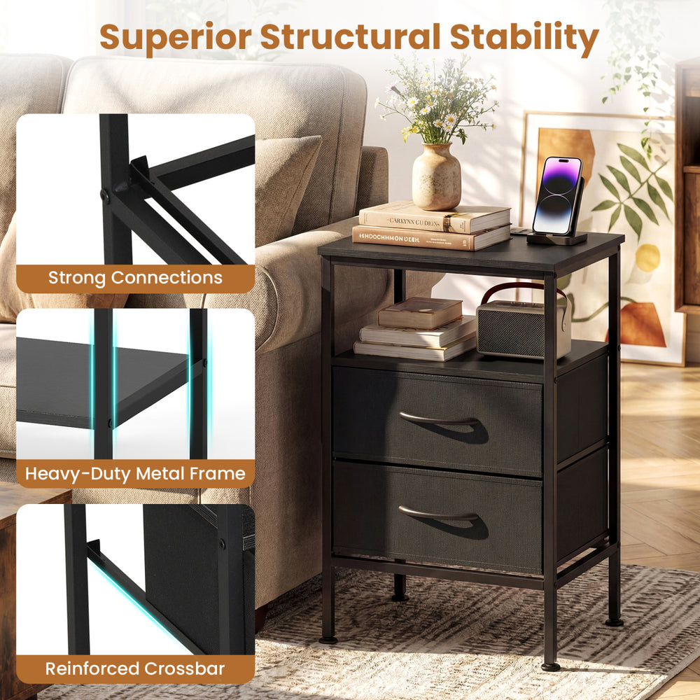 Modern black nightstand with charging station, featuring 2 fabric drawers and a sturdy metal frame for versatile use.