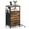 Nightstand with charging station featuring 3 fabric drawers, rustic brown finish, and open storage for versatile use.