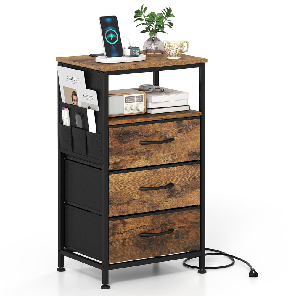 Nightstand with charging station featuring 3 fabric drawers, rustic brown finish, and open storage for versatile use.