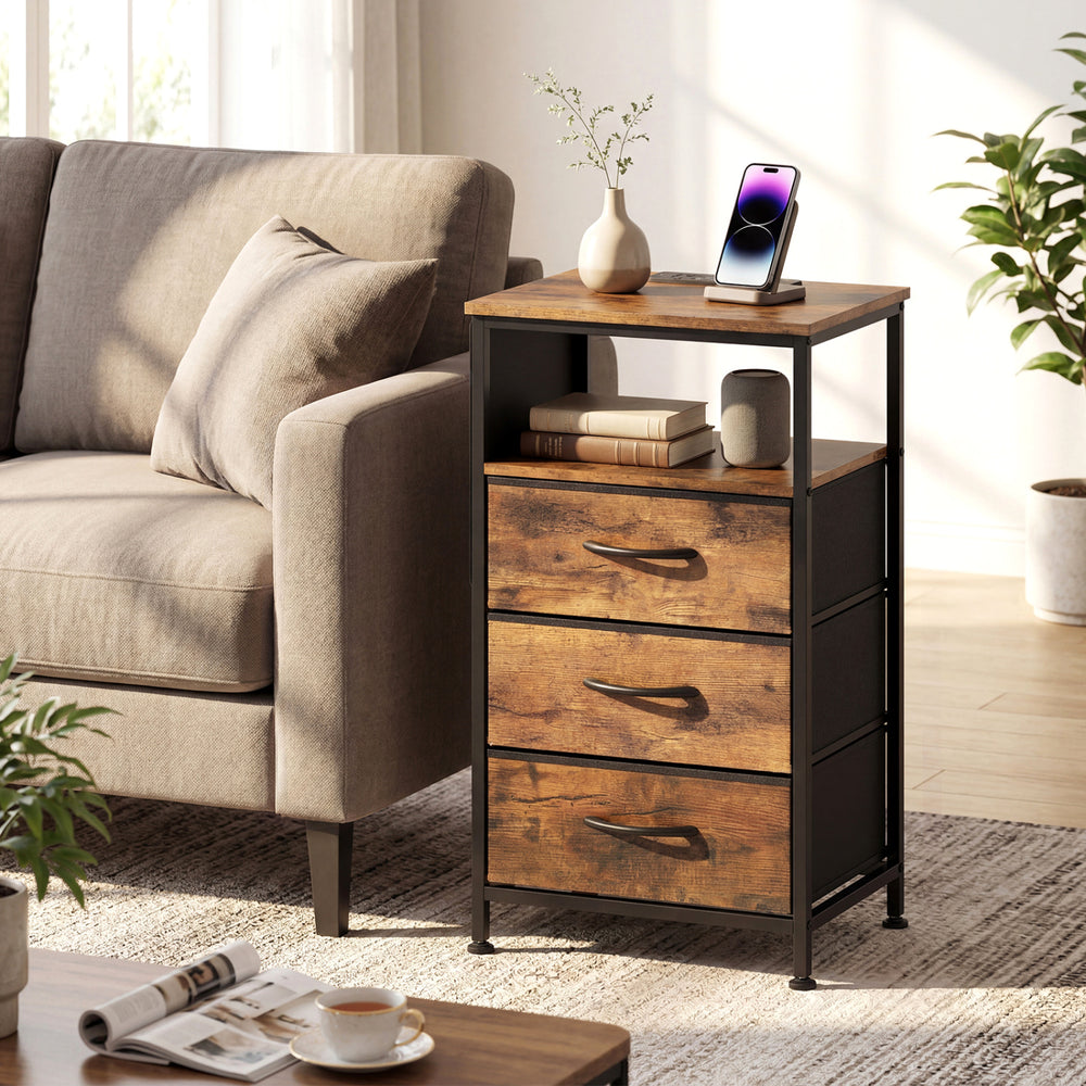 Nightstand with Charging Station 27.5 inch Modern Bedside Table with 3 Fabric Drawers-Rustic Brown - Gallery View 1 of 11