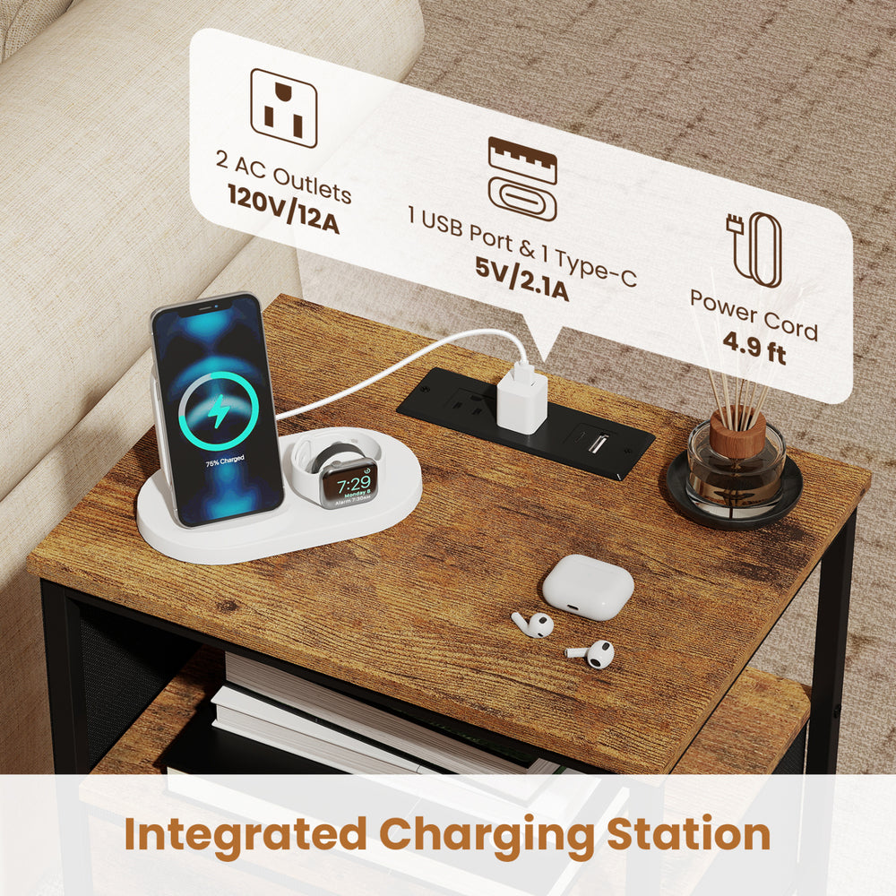 Nightstand with integrated charging station featuring 2 AC outlets, 1 USB port, and rustic brown finish for versatile.
