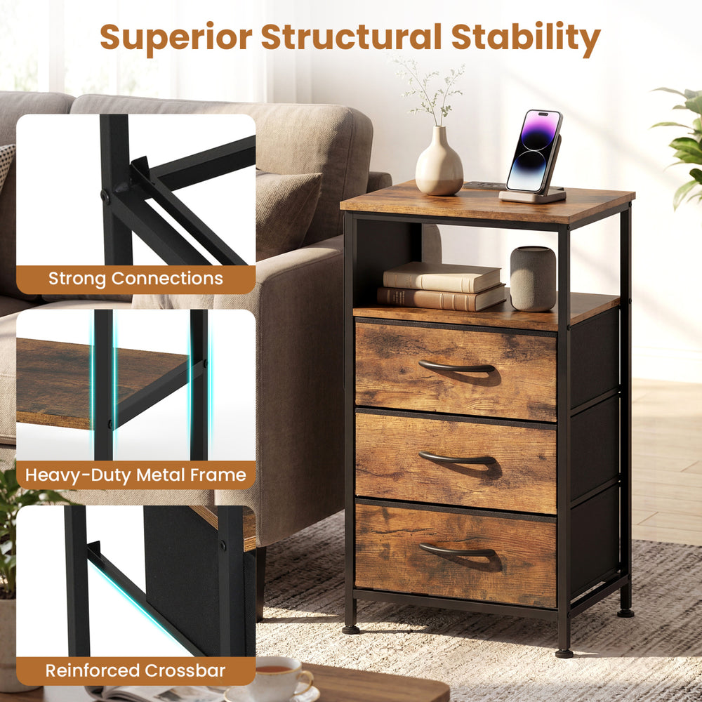 Nightstand with charging station featuring 3 fabric drawers and a rustic brown finish, ideal for bedroom storage.