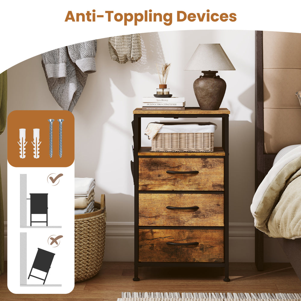 Nightstand with charging station, rustic brown finish, featuring 3 fabric drawers and anti-toppling devices for safety.