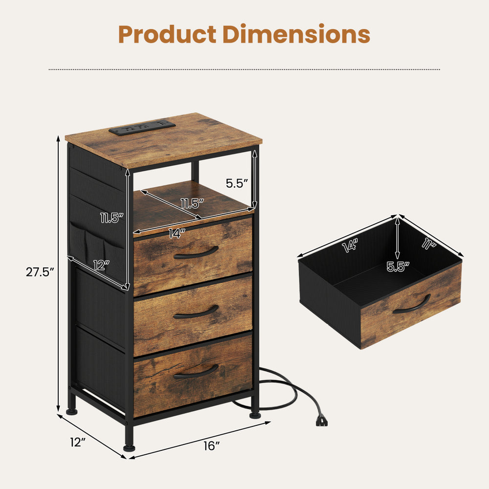 Nightstand with charging station featuring 3 fabric drawers, rustic brown finish, and dimensions of 27.5 inches high.