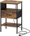 Rustic brown nightstand with charging station, featuring a fabric drawer, open shelf, and sturdy metal frame for.