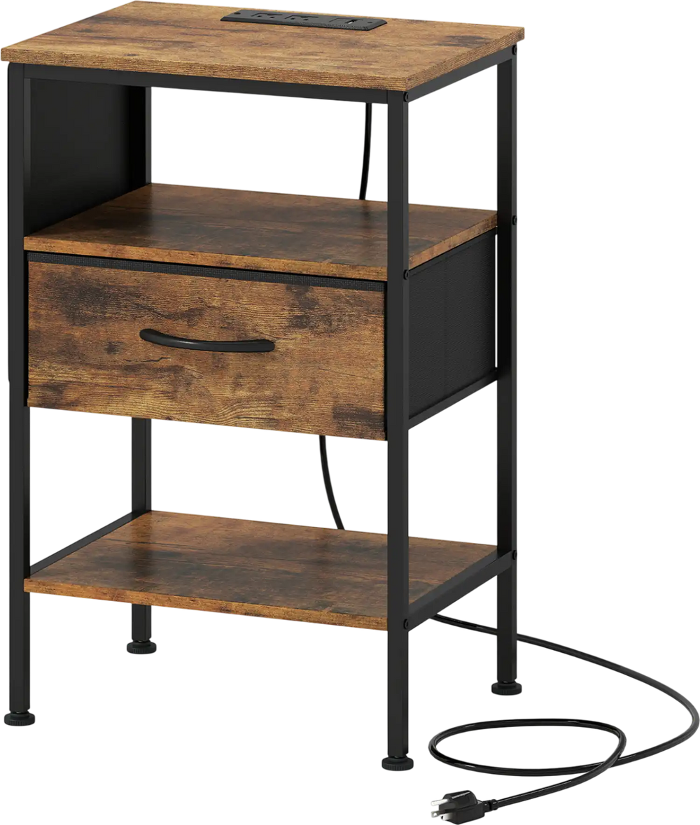 Rustic brown nightstand with charging station, featuring a fabric drawer, open shelf, and sturdy metal frame for.