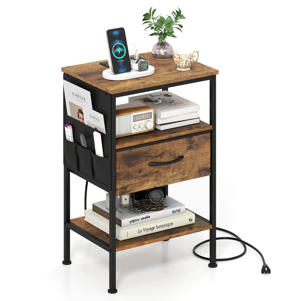 Rustic brown nightstand with charging station showcasing a fabric drawer, side pocket, and wide tabletop for versatile.