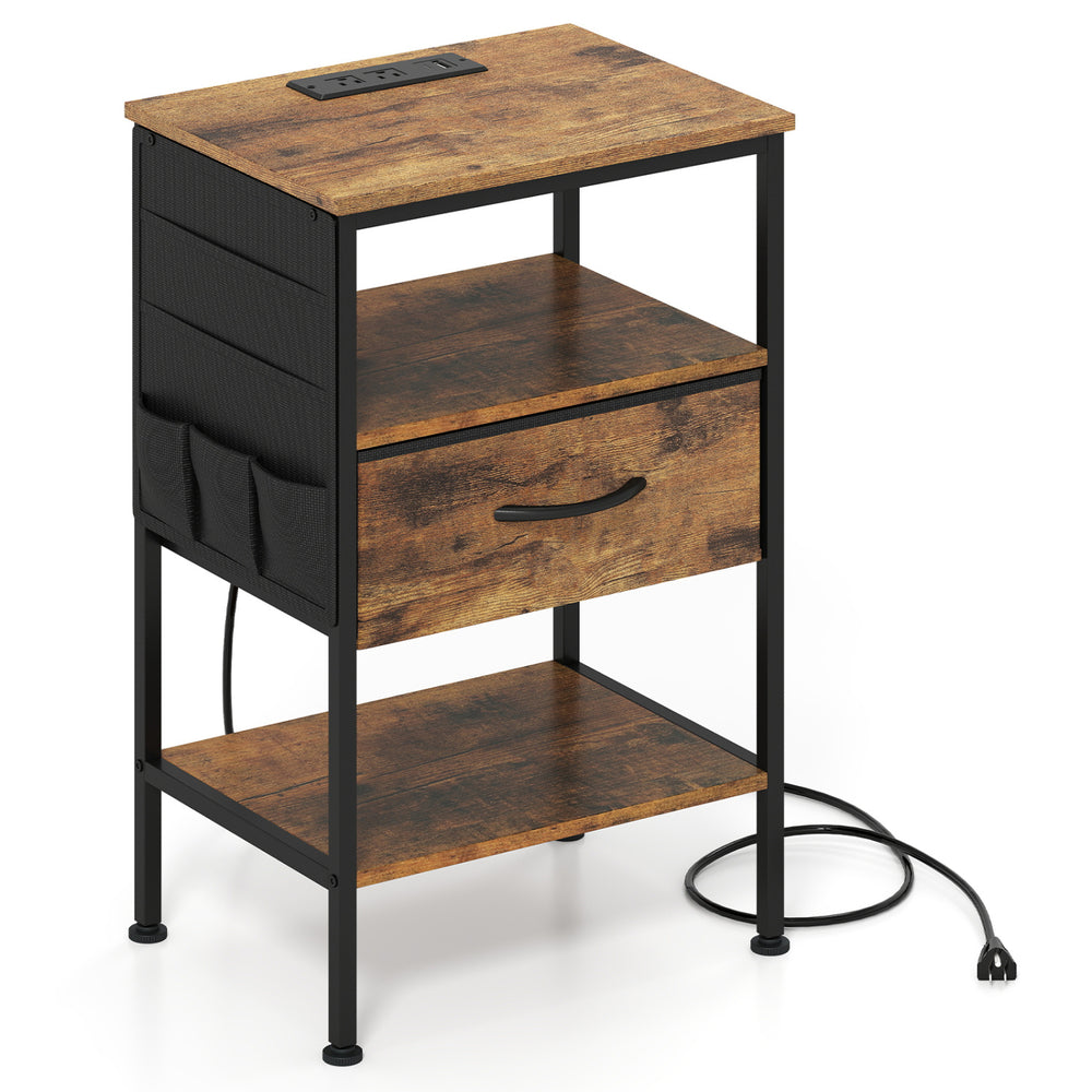 Nightstand with charging station featuring a rustic brown wood-like surface, fabric drawer, and open storage for.