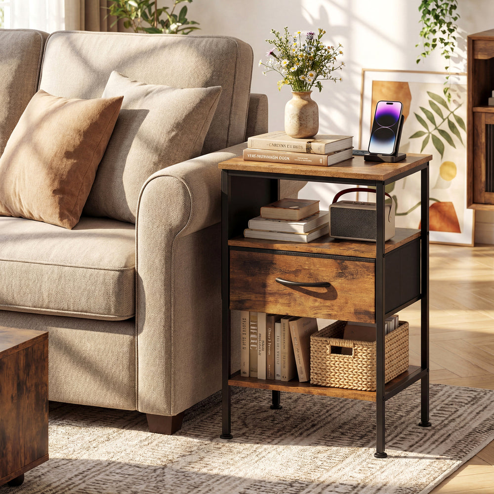 Rustic brown nightstand with charging station, fabric drawer, and open compartment, perfect for bedroom or living room.