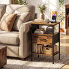 Rustic brown nightstand with charging station, fabric drawer, and open compartment, perfect for bedroom or living room.