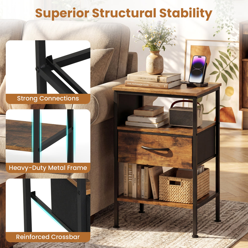 Rustic brown nightstand with charging station, featuring a fabric drawer, open compartment, and heavy-duty metal frame.