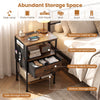 Nightstand with charging station featuring a rustic brown finish, fabric drawer, and open compartment for versatile.