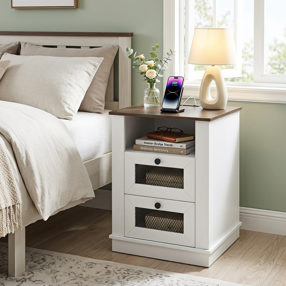 Nightstand with rustic brown top features a built-in charging station and two drawers for convenient bedroom storage.