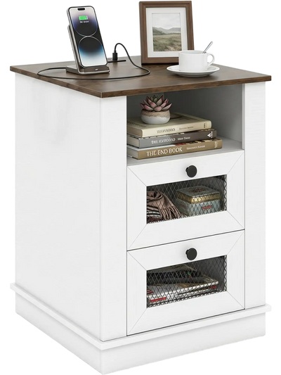 Costway Nightstand Charging Station 2-Drawer Bedroom Side Table 72973830 New