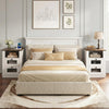 Nightstand with charging station features rustic brown finish, two drawers, and metal mesh front for stylish bedroom storage.