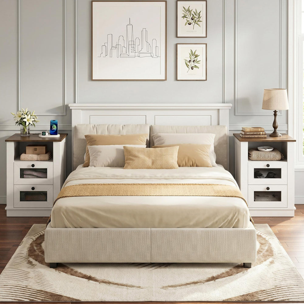 Nightstand with charging station features rustic brown finish, two drawers, and metal mesh front for stylish bedroom storage.