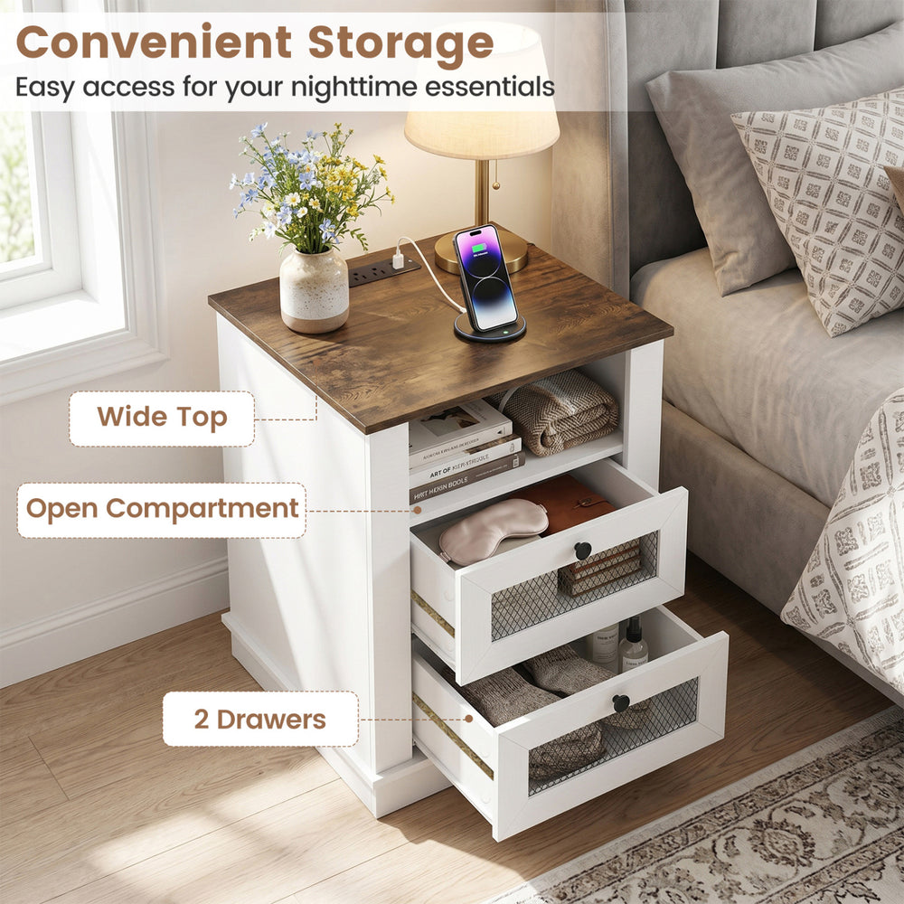 Nightstand with rustic brown finish featuring a wide top, 2 drawers, and built-in charging station for convenient storage.