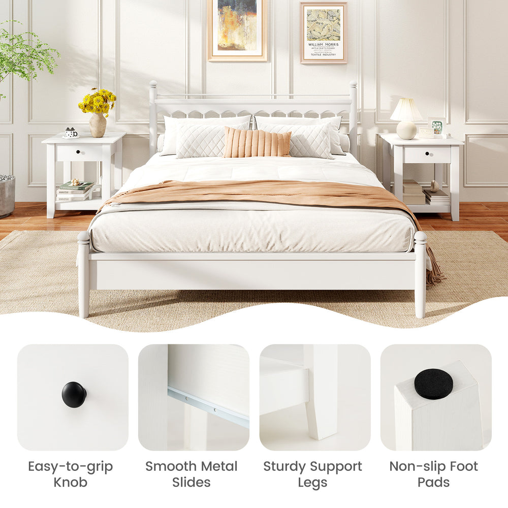 White 3-tier nightstand with drawer and open shelf, featuring sturdy legs and non-slip foot pads for bedroom.