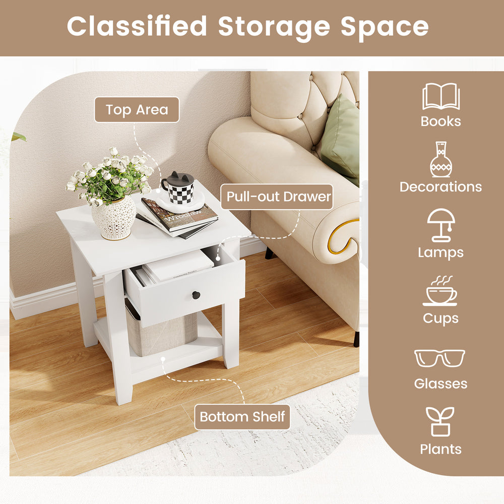 Nightstand with pull-out drawer and open shelf in white, ideal for lamps, cups, and plants in modern living spaces.