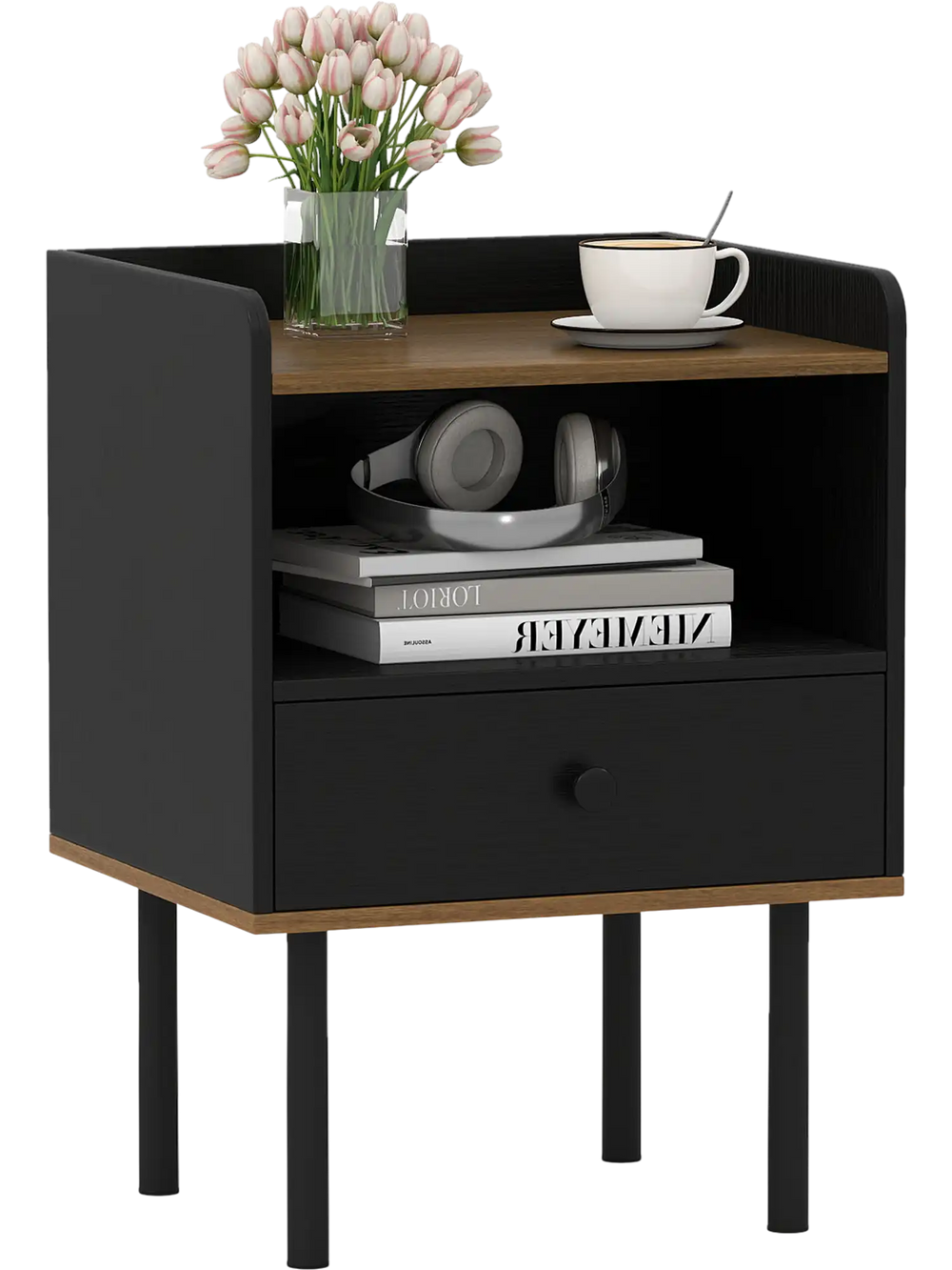 Black nightstand with drawer and open shelf, featuring metal legs, ideal for bedside or as a sofa side table.