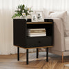 Black nightstand with drawer and open shelf, featuring metal legs and chic design, ideal for bedside or sofa side use.