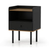 Black nightstand with drawer and open shelf, featuring metal legs and a chic design for versatile storage solutions.