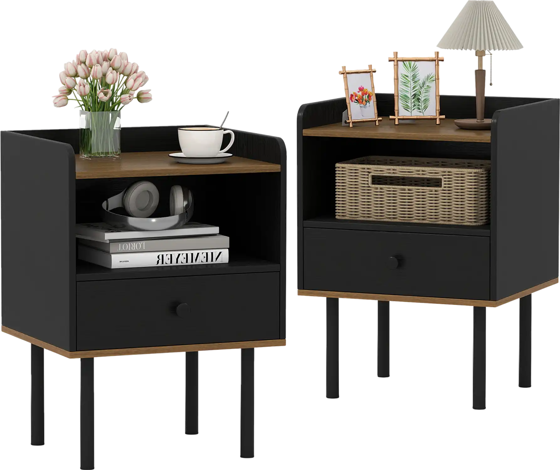 Costway 3-Tier Nightstand Side Table Set of 2 w/ Drawer Open Shelf 56346044 New