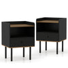 Black nightstand set of 2 with drawer and open shelf, featuring heavy-duty metal legs for stability and chic design.