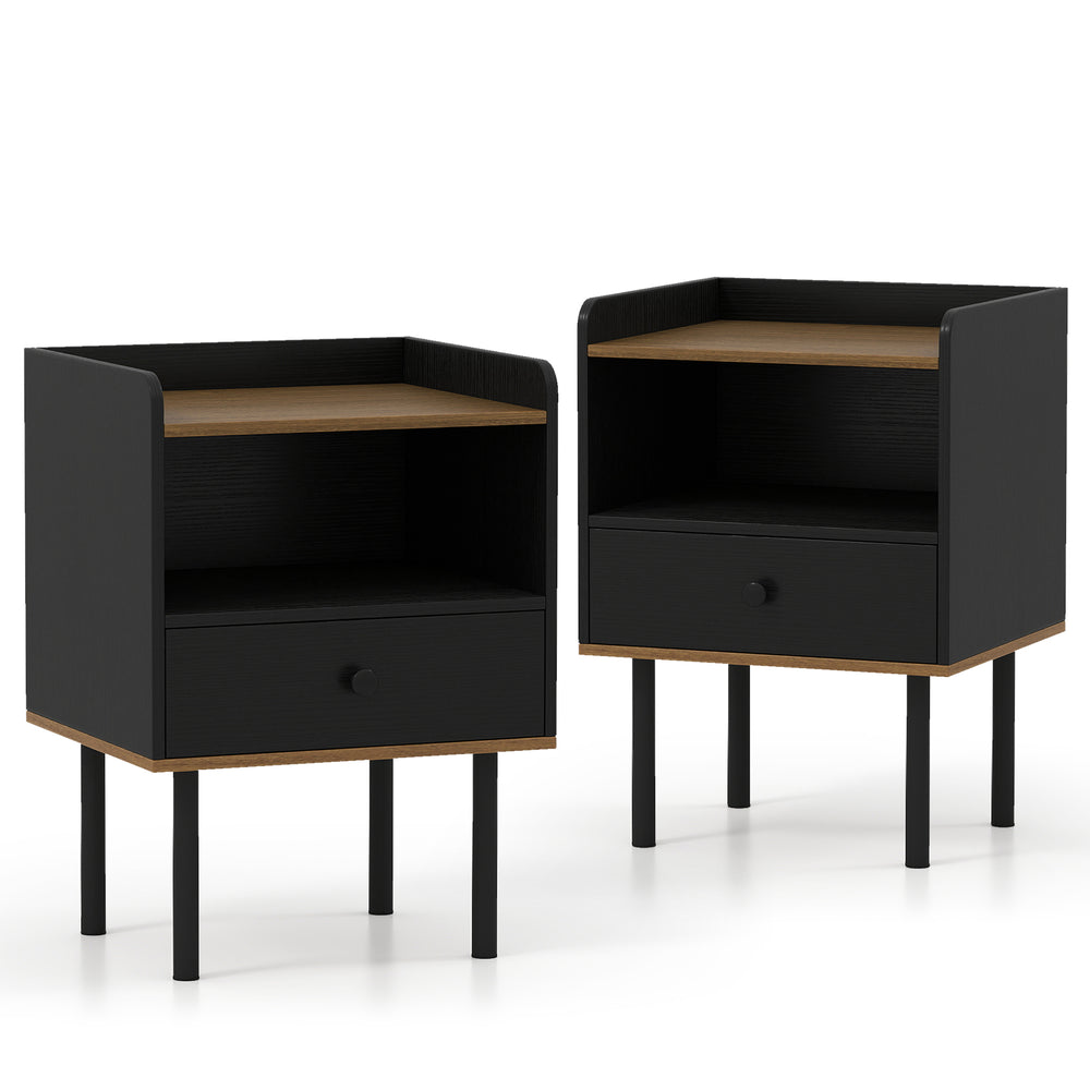 Black nightstand set of 2 with drawer and open shelf, featuring heavy-duty metal legs for stability and chic design.