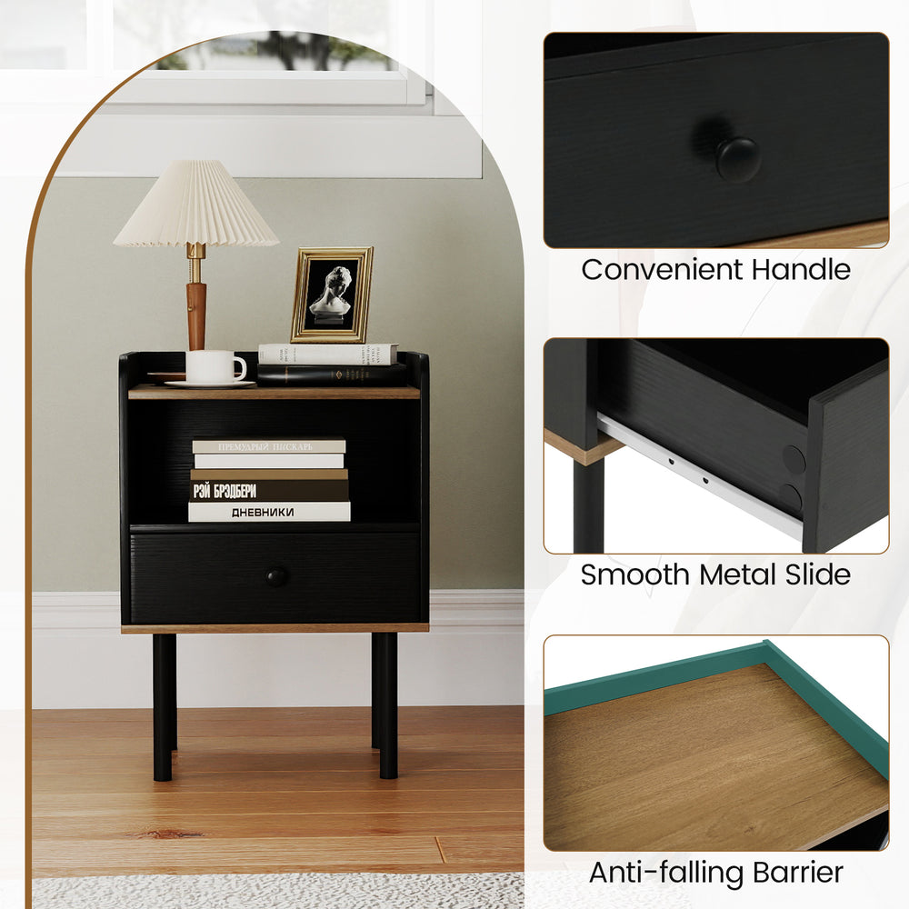 Black nightstand with drawer and open shelf, featuring smooth metal slides and a chic design for versatile storage.