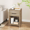 Nightstand with drawer and shelf in natural finish, featuring farmhouse style and spacious tabletop for living room or.