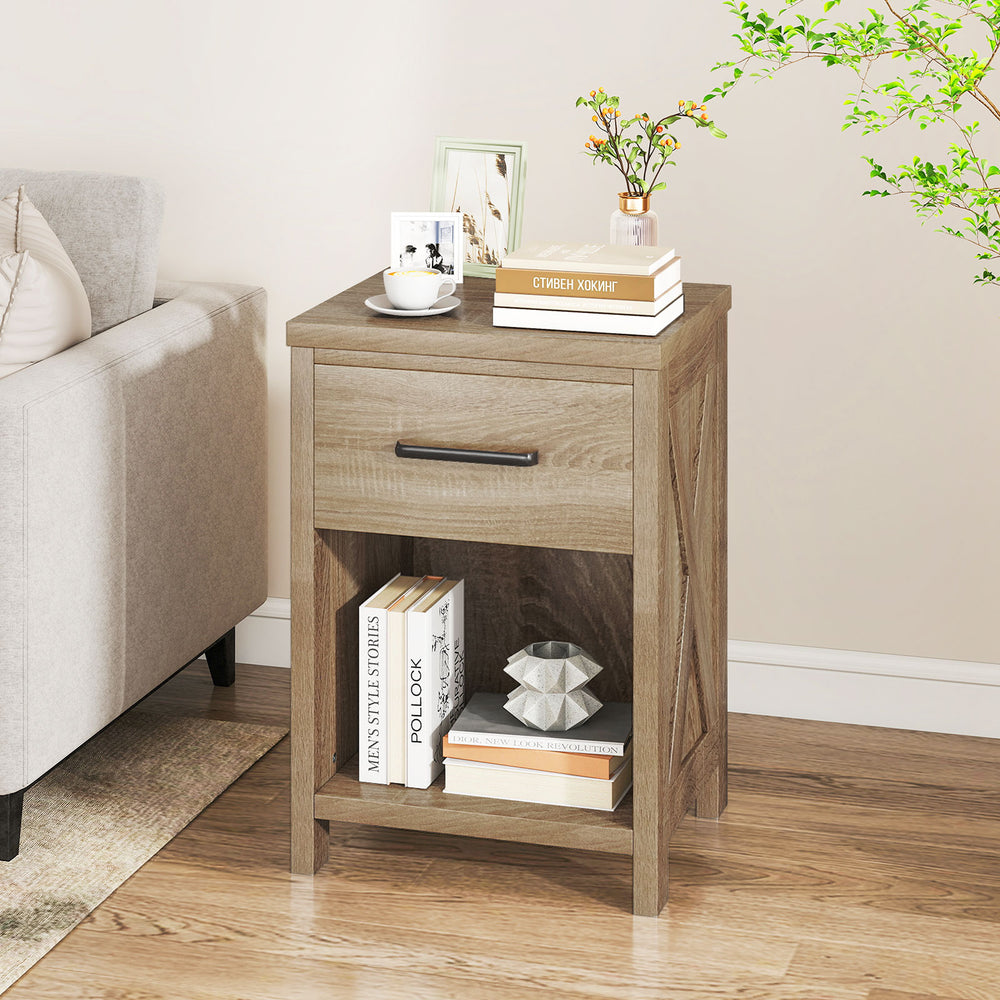 Nightstand with drawer and shelf in natural finish, featuring farmhouse style and spacious tabletop for living room or.
