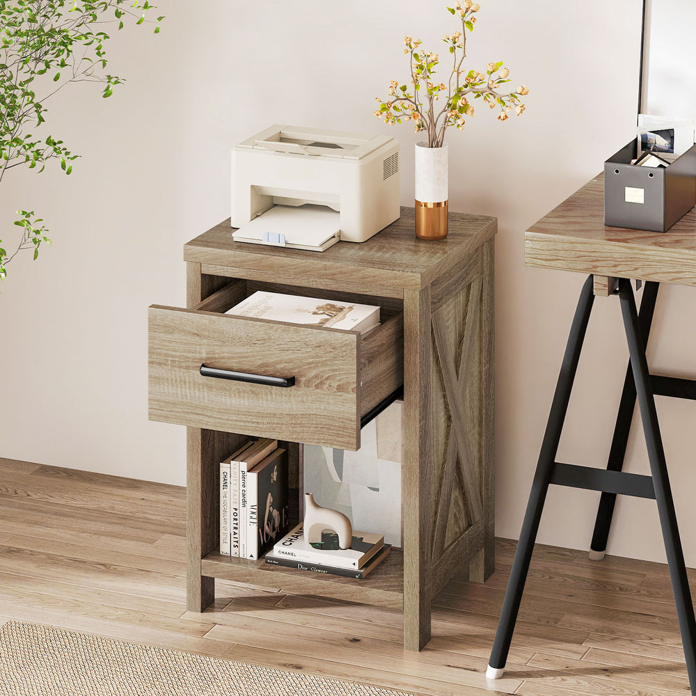 Natural nightstand with drawer and shelf, featuring farmhouse design and X-shaped patterns, perfect for living room or.