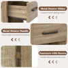 Close-up of the nightstand's metal drawer handle and slides, showcasing smooth gliding action and farmhouse style.