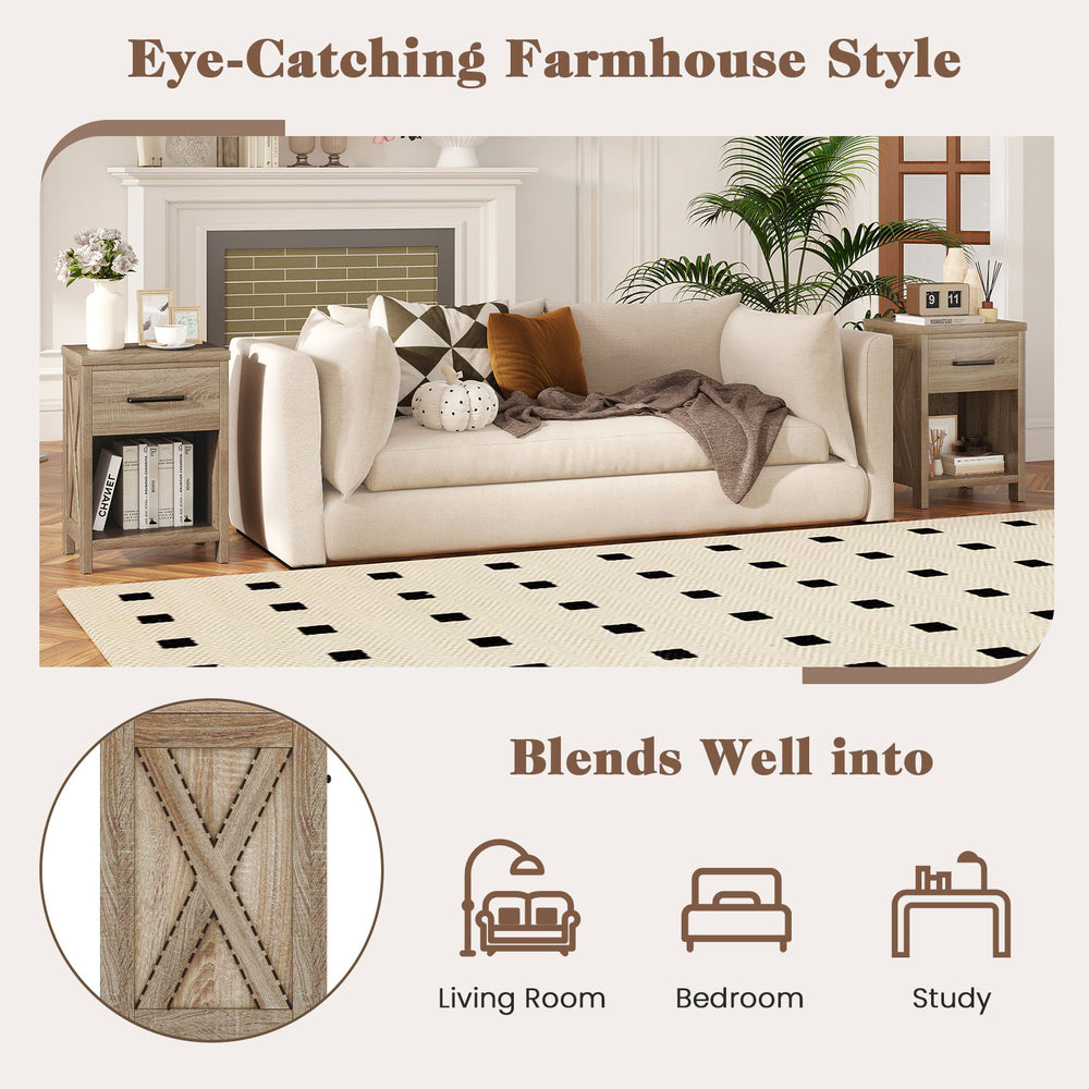 Nightstand with drawer and shelf in natural finish, featuring X-shaped patterns, perfect for living room or bedroom use.