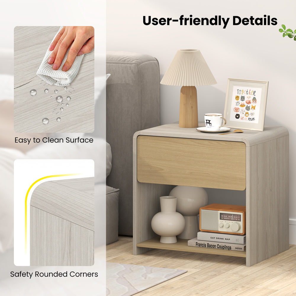 Modern 2-tier nightstand in oak with a pull-out drawer and open shelf, featuring easy-to-clean surface and rounded.