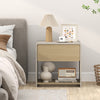 Modern 2-tier nightstand in oak with a pull-out drawer and open shelf, ideal for bedroom organization and decor.