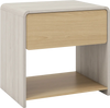 2-tier modern nightstand in oak with a pull-out drawer and open shelf, perfect for organizing essentials and displaying.