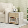 Modern 2-tier nightstand in oak with a drawer and open shelf, perfect for organizing essentials beside a sofa.