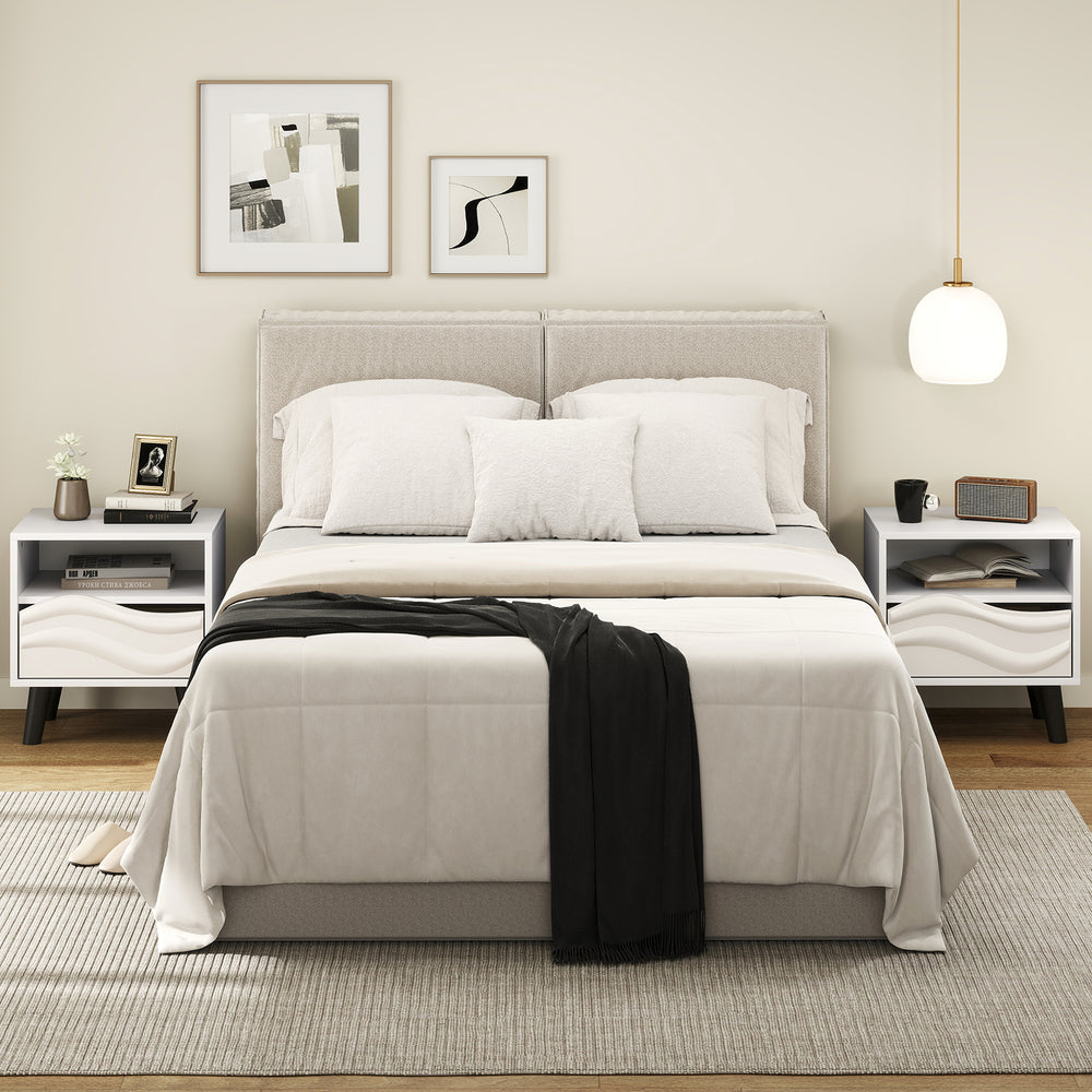 Mid-century modern nightstand in white with 3D wavy pattern, open shelf, and spacious drawer for stylish storage.