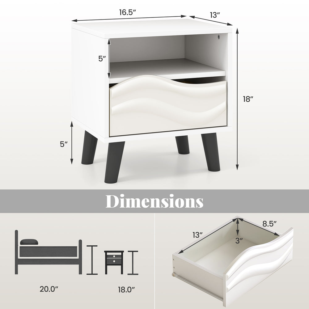 Mid-century modern nightstand with 3D wavy pattern, open shelf, and drawer for stylish bedroom storage.