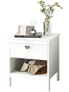 White 2-tier wood nightstand showcasing a faux cutout drawer front and open shelf, perfect for stylish bedroom decor.