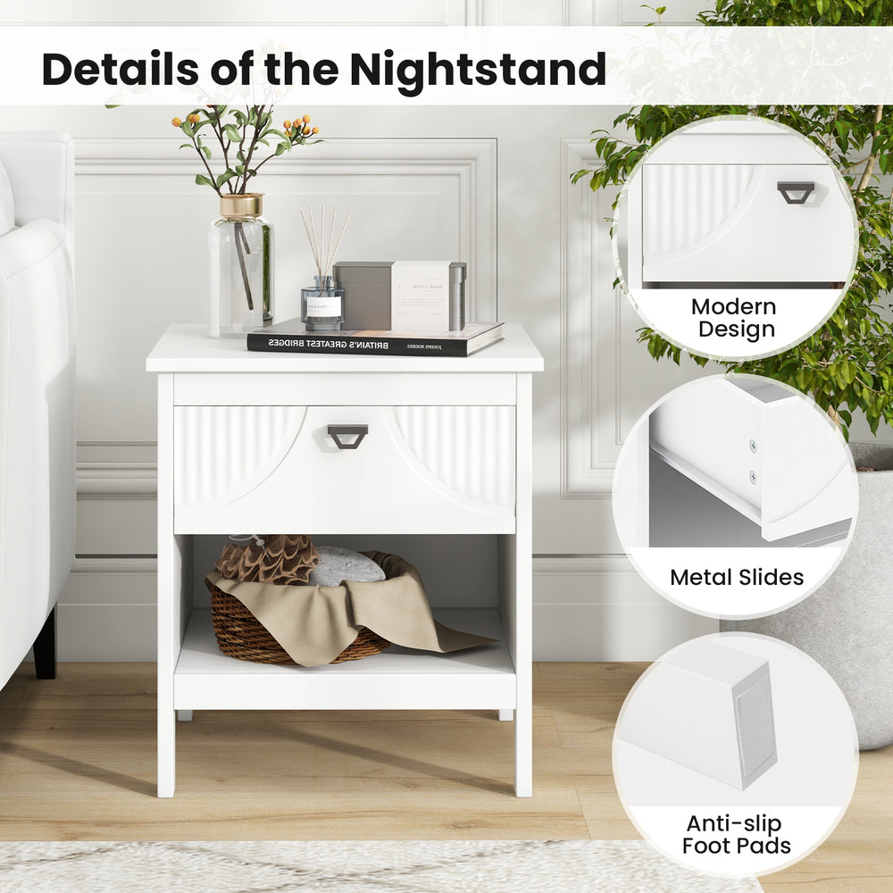 White 2-tier wood nightstand featuring a drawer, open shelf, and anti-slip foot pads for versatile bedroom storage.